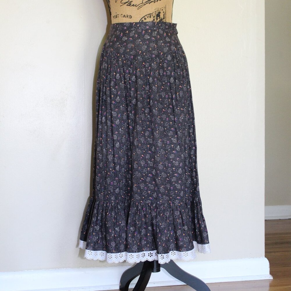 Vtg 1970s Claude Black Multi Floral Prairie Cottagecore Midi Skirt Women's XS/S